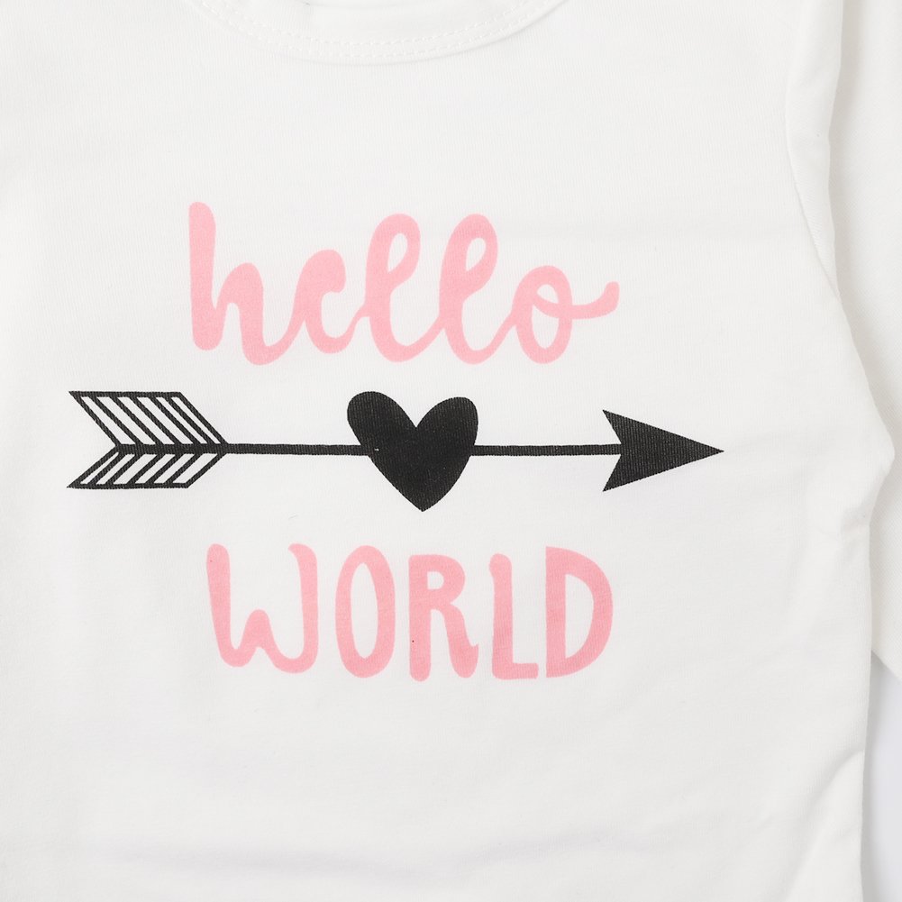 Chicolife Baby Mädchen Blumen Outfit Set Buchstaben Gedruckt Hello World Langarm Pfeil Strampler mit Blume Stirnband Hut 4Pcs
