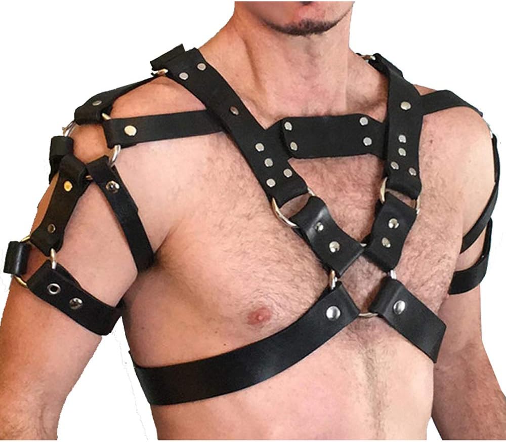 TOPFUR Men's Leather Body Chest Harness Belt Punk Cage Belt Buckle Ring Adjustable