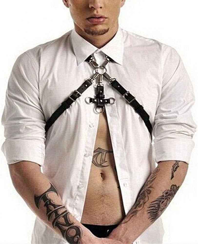 Punk Black Leather Body Shoulder Harness Half Chest Cage Belt Adjustable Collar for Men