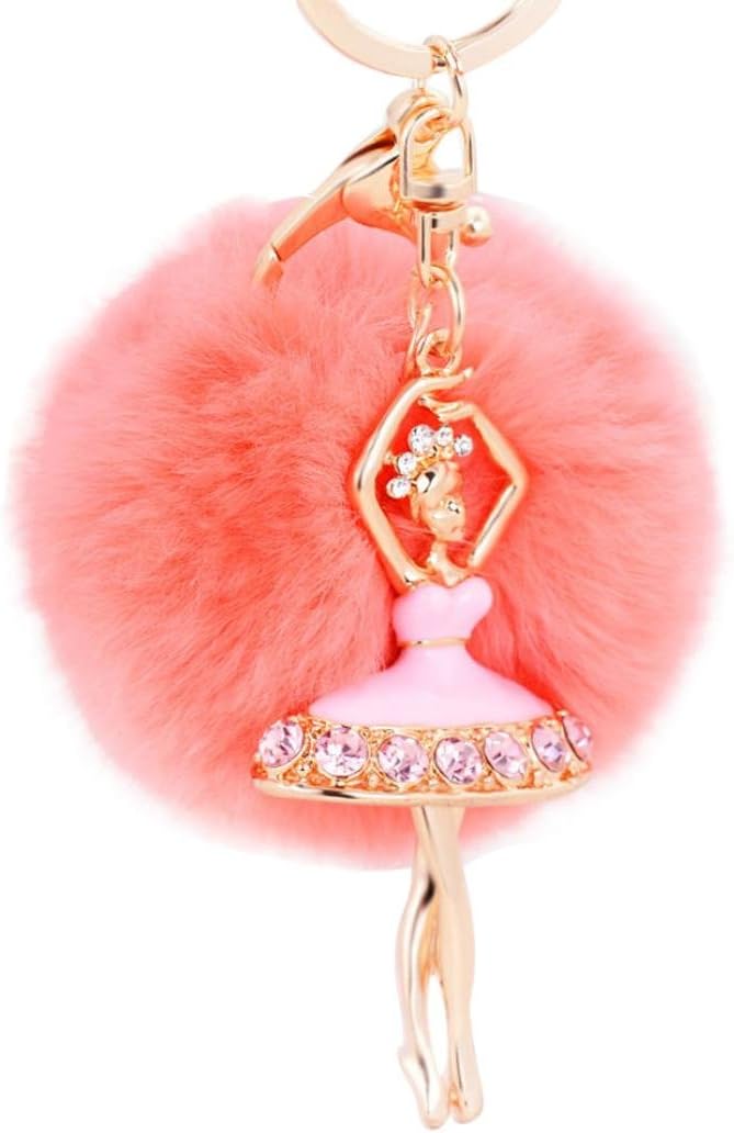 Wyurhjh Plush Pompom Keyring with Jewelry Pendant,Cute Fluffy Fur Ball Ballet Girl Key Chain Toy for Handbag Car Decoration (Watermelon Red)