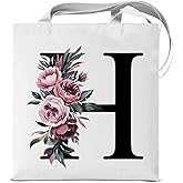 KSFFWQIN Initial H Canvas Tote Bag for Women Floral H Letter Personalized Reusable Grocery Shoulder Bag for Shopping Work Beach Travel, Monogrammed Gifts Stylish Totes