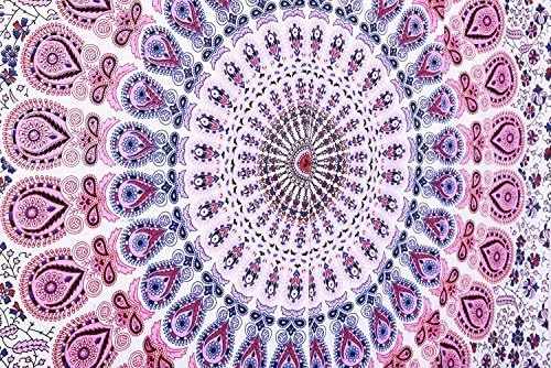 Indian hippie Bohemian Psychedelic Peacock Mandala Wall hanging Bedding Tapestry (Pink White, Twin(54x72Inches)(140x185cms))