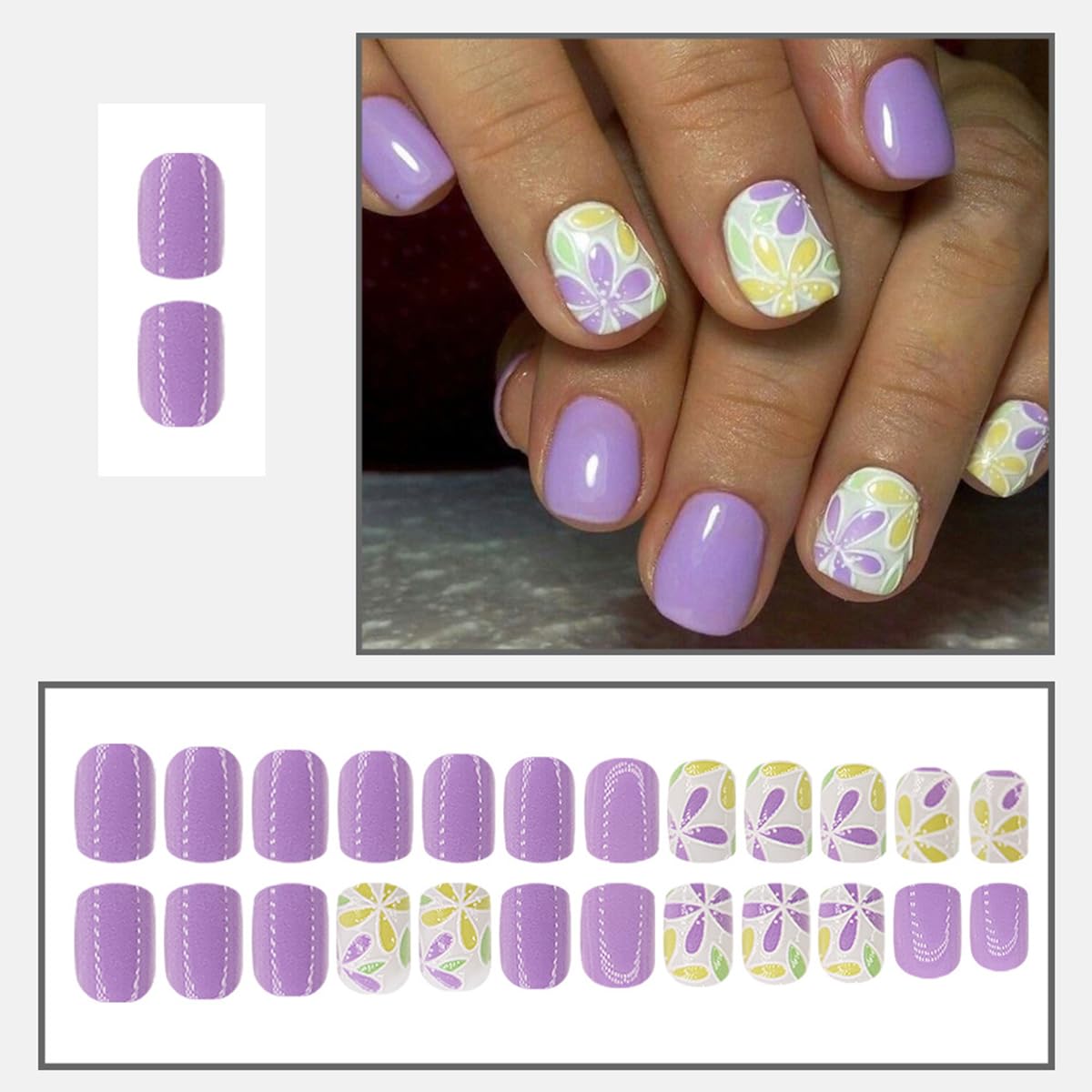 24 Pcs Spring Press on Nails Extra Short Square - LINMEIZAI Purple Cute Fake Nails Press ons Nail Tips Glue on Nails Full Cover Acrylic Nail Kit False Nails with Small Flower Nail Art Design for Women - Image 2