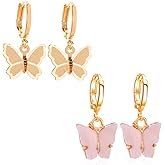 Charm Butterfly Hoop Earrings, 14K Gold Small Dangle Earrings, Crystal Drop Earring Silver Rhinestones for Women