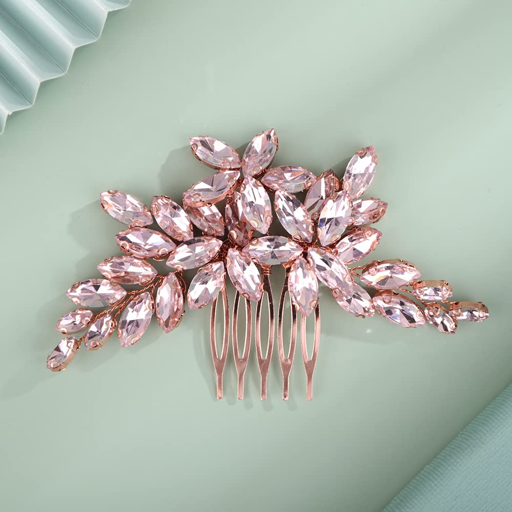 Kercisbeauty Cute Pink Crystal Beads Hair Comb for Wedding Brides Bridesmaid Bridal Shower Updo Hair Accessories Bohemian Hair Dress (Pink)