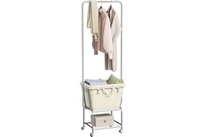ELYKEN Laundry Cart with Hanging Rack, Rolling Laundry Hamper with Wheels, Laundry Basket with Removable Liner Bag and Shelf, Sturdy Metal Frame Dirty Clothes Basket for Hotel, Home, Closet, Dorm