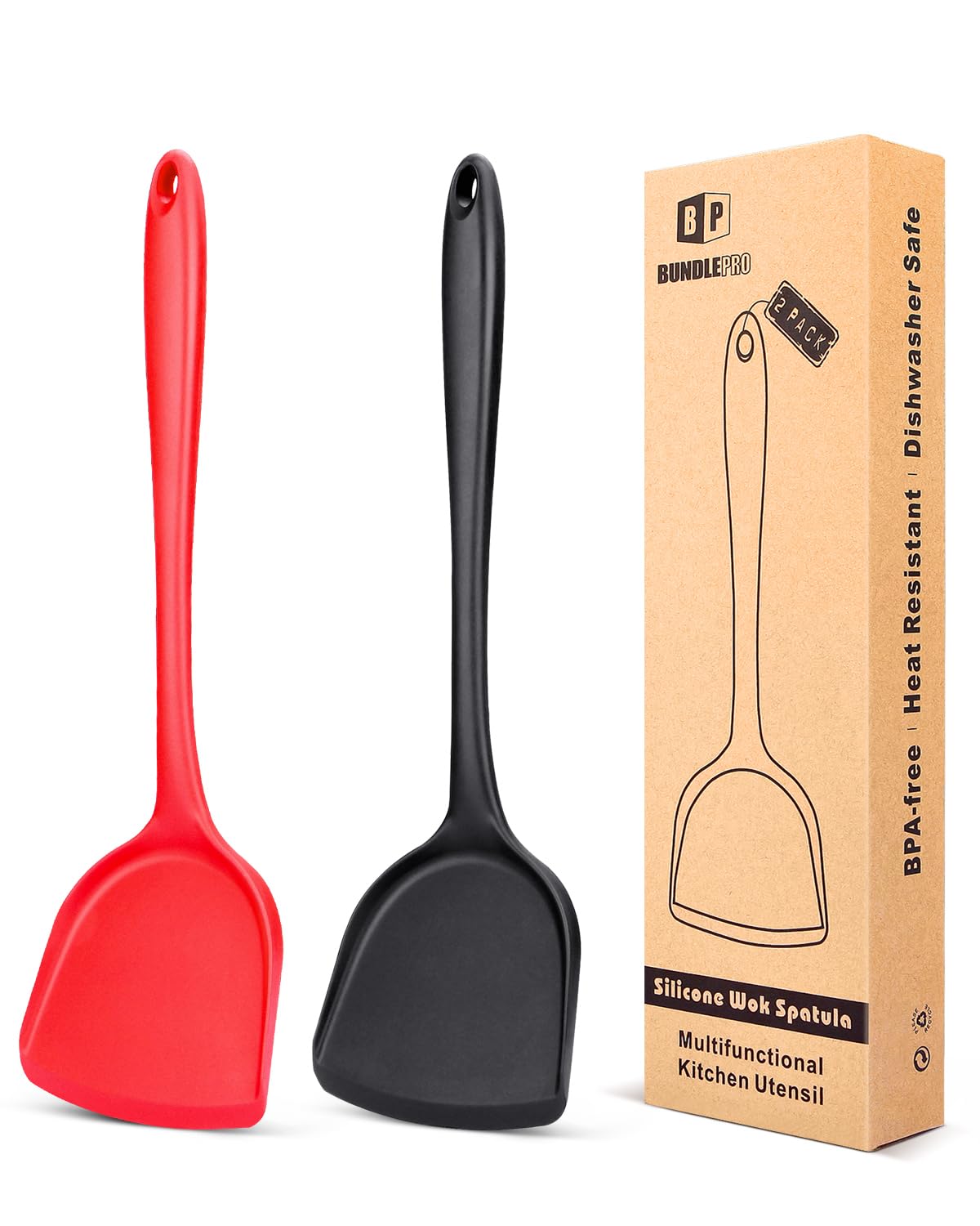 Photo 1 of Pack of 2 Silicone Wok Spatula, Non-Stick, Heat Resistant, Easy to Clean and Dishwasher Safe, Seamless Kitchen Utensil for Cooking, Baking, Stir-Fry (Black-Red)