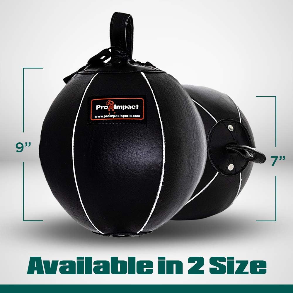 Pro Impact Genuine Leather Double End Boxing Punching Bag - Speed Striking & Dodge Training Ball - Includes Cords & Hooks for Gym Workout MMA Muay Thai (9 Inch) : Sports & Outdoors