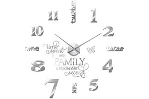 Junkin 3D Large Frameless DIY Wall Clock,Modern Decor Family Quote Wall Stickers Clock kit for Home Living Room Bedroom Office Wall Decorations Adjustable Size (Silver)