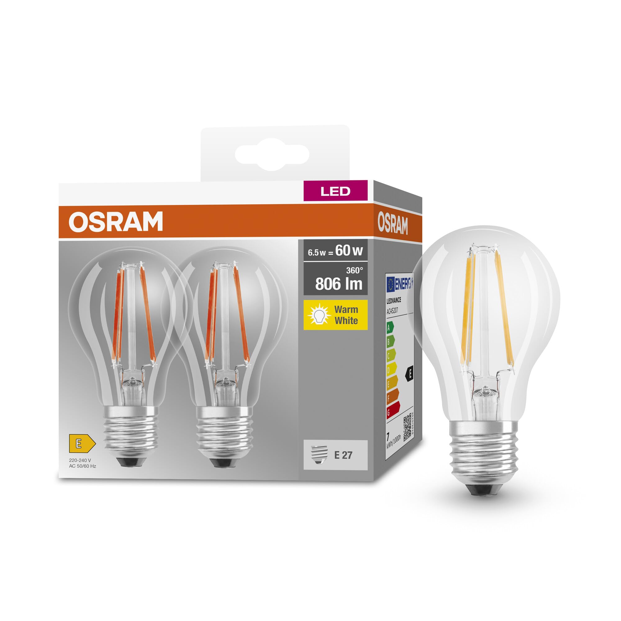 Osram BASE CLASSIC A FIL 60 LED-Lampe mit Sockel E27, klassische Kolbenform, Doppelpack, 6,5W, 806lm, 2700K, warmweißes Licht, geringe Wärmeentwicklung, lange Lebensdauer, geringer Energieverbrauch