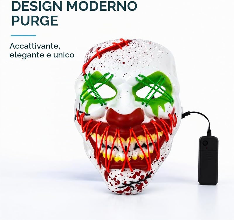 - Maschera da clown LED per Halloween, controllabile come per Purge, viso luminoso, per Halloween, carnevale e carnevale come costume per uomo e donna (scelta di colori) — foto 5 di 6
