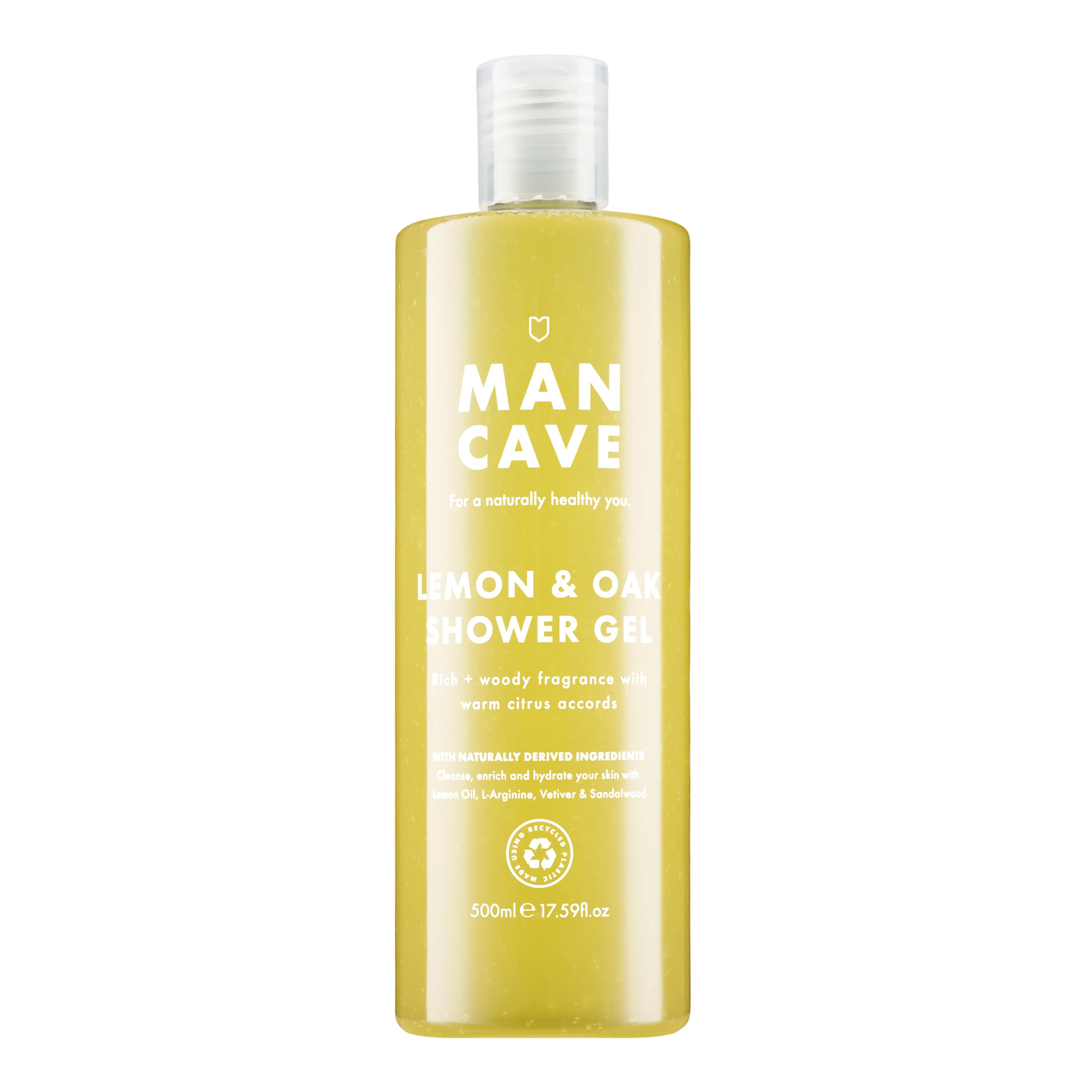 ManCave Lemon and Oak Mens Shower Gel, 500 ml, Body Wash, Natural Ingredients, Vegan, Eco and Cruelty-Free, Refreshing Shower Gel for Men with Lemon Oil, Bergamot, Rosemary, Body Wash for Men