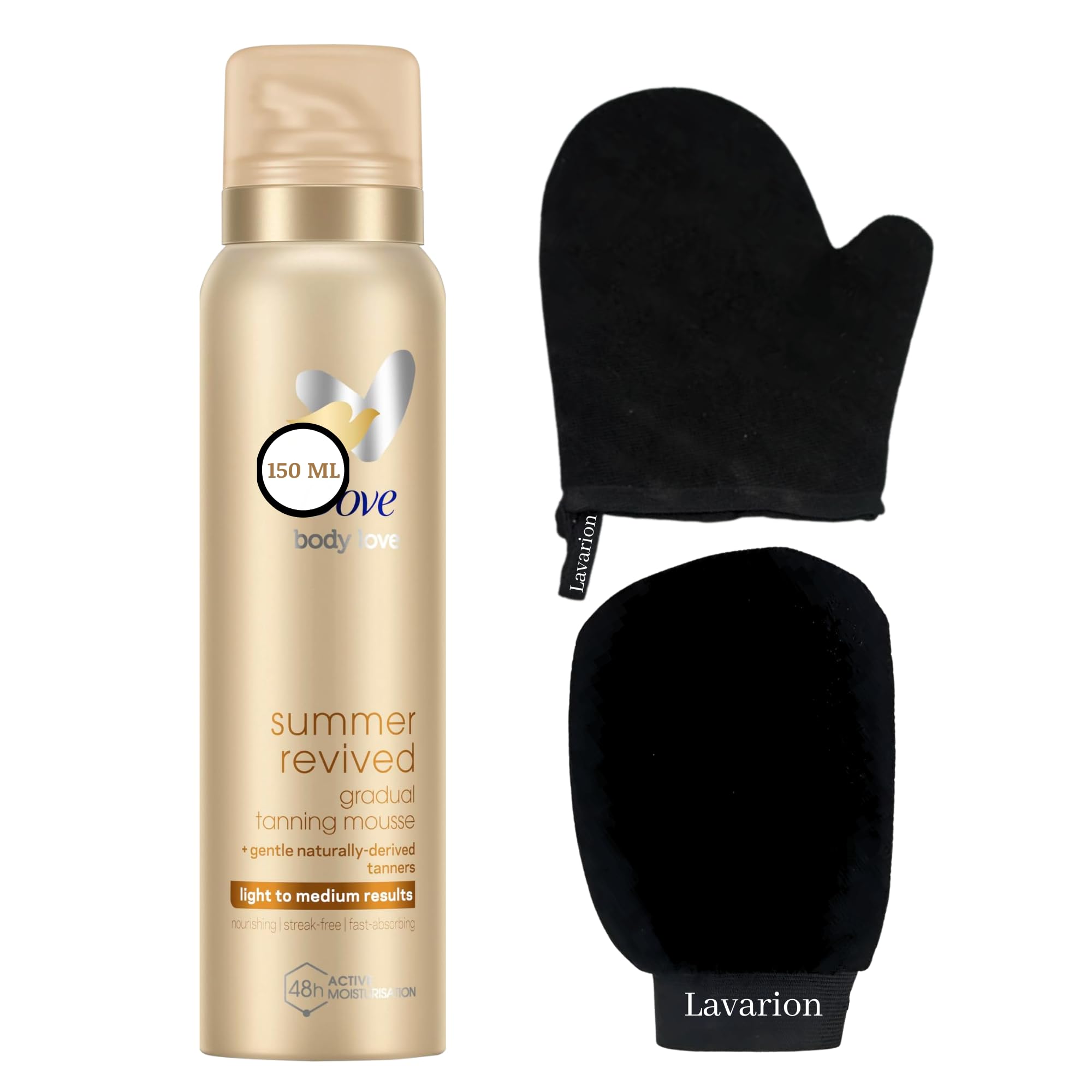 Dove Gradual Tan Mousse Light to Medium 150ml with Lavarion Exfoliating Glove & Tanning Mitt – Self Tan Kit for Face and Body – Streak-Free, Natural Glow Fake Tanning Set for Smooth, Even Application