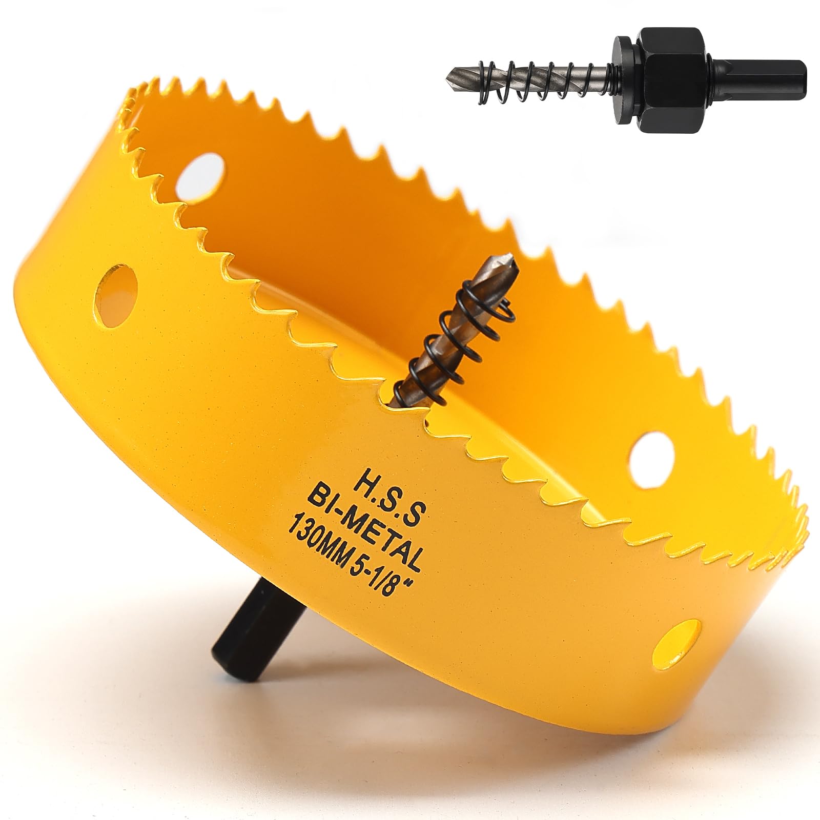 130mm Hole Saw, HSS Bi-Metal Hole Cutter with Drill Bit for Wood, Plastic, PVC, Fiberglass and Plasterboard, Yellow