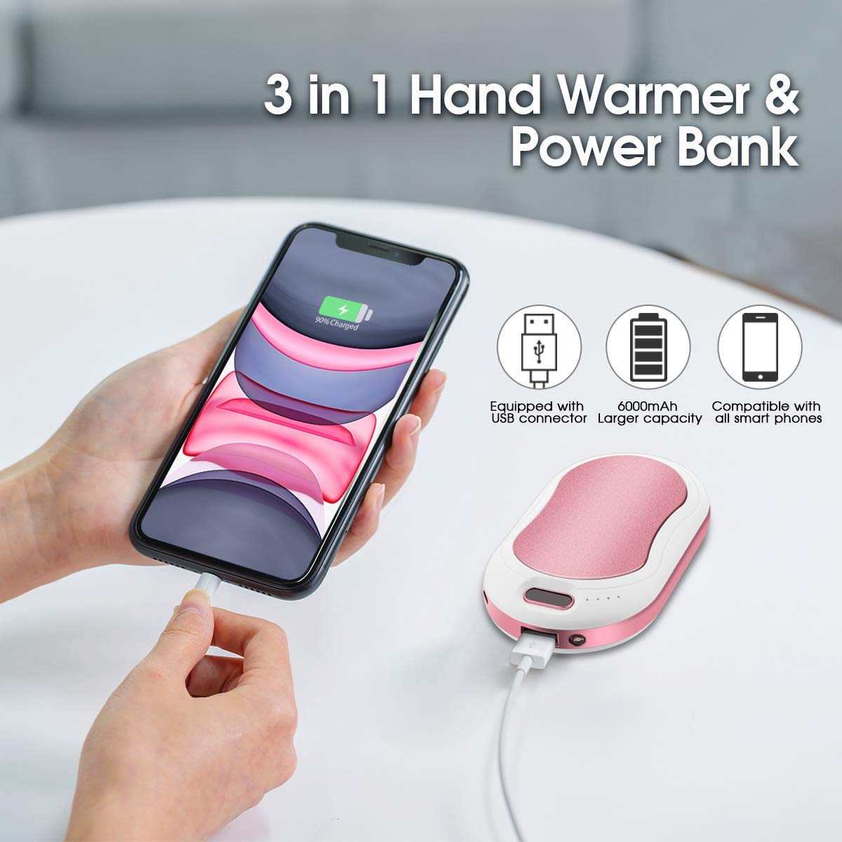 Electric Hand Warmer, 3 IN 1 USB Rechargeable Hand Warmer 6000mAh Power Bank Hand Warmer with Vibration Massage, LED Flashlight and Visible LCD Play, Great for Outdoor Sport, Winter Gifts- Rose Gold
