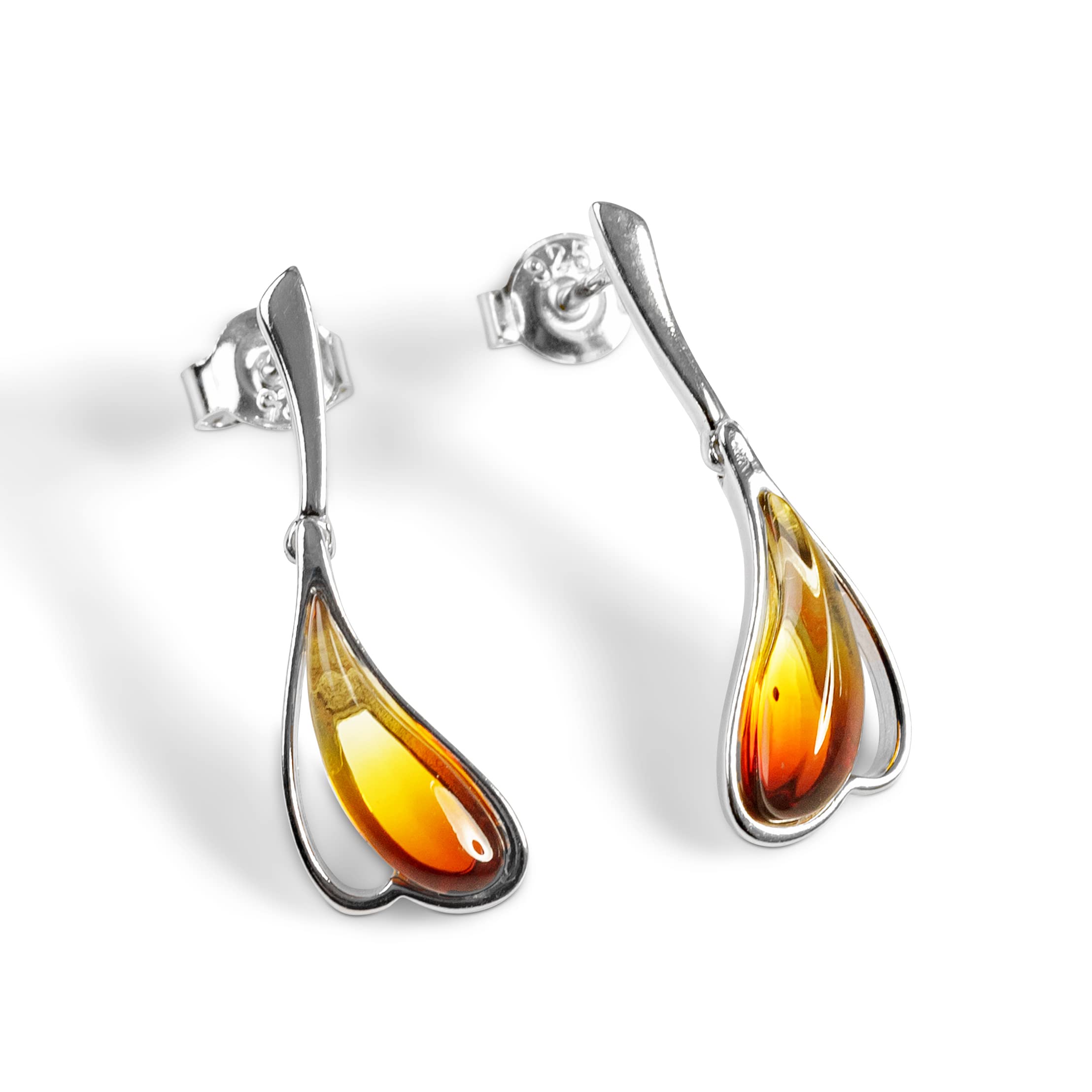 HENRYKA Sunset Amber Teardrop Dangle Earrings - 925 Solid Sterling Silver & Baltic Amber | Stunning & Elegant Two-Tone Design | Lovely Meaningful Gift for Her | 25 mm x 8 mm | Hypoallergenic Accessory