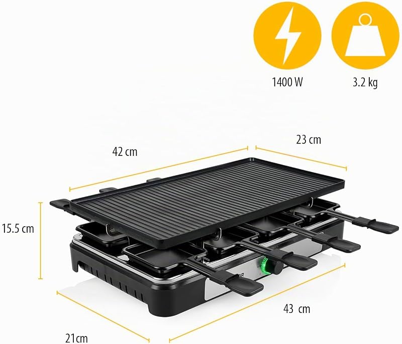 Raclettegerät RA-2748 – 3-in-1 – Raclette/Kochstein/Grill/Teppanyaki – Für 8 Personen – 1400 W