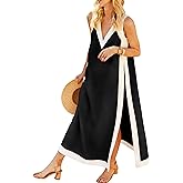 Hooever Women's 2 Piece Dress Sets Color Block Sleeveless V Neck Maxi Dress Matching Shorts with Pockets