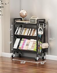 3-Tier Rolling Book Cart, Mobile Bookshelf with 2