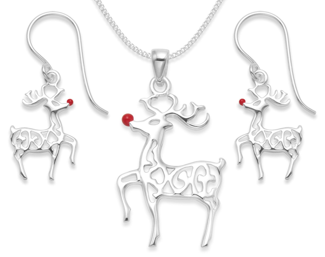 Heather Needham Sterling Silver Rudolph Red Nosed Reindeer Necklace & Earrings on 16" silver chain in a gift Box. NEW LOWER PRICE 8094set