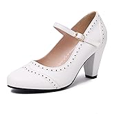 Elerhythm Women's Two Tone Mary Jane Classic and Retro 1920s Pump Heels Oxford Pattern 1950s Vintage Round Closed Toe Ankle Strap Dress Shoes