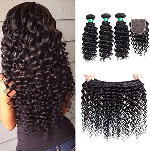 MQYQ 4 Bundles with Lace Closure Free Part Brazilian Virgin Hair Deep Wave Hair Extensions Deep Curly Unprocessed Human Hair Weave Natural Color (20+20 20 20 20)