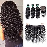 MQYQ Hair 3 Bundles with Closure Deep Curly with Closure Unprocessed Brazilian Virgin Human Hair Extensions Deep Wave Bundles with Closure Natural Black 95-100g/pc (14 16 18 + 12 inch)