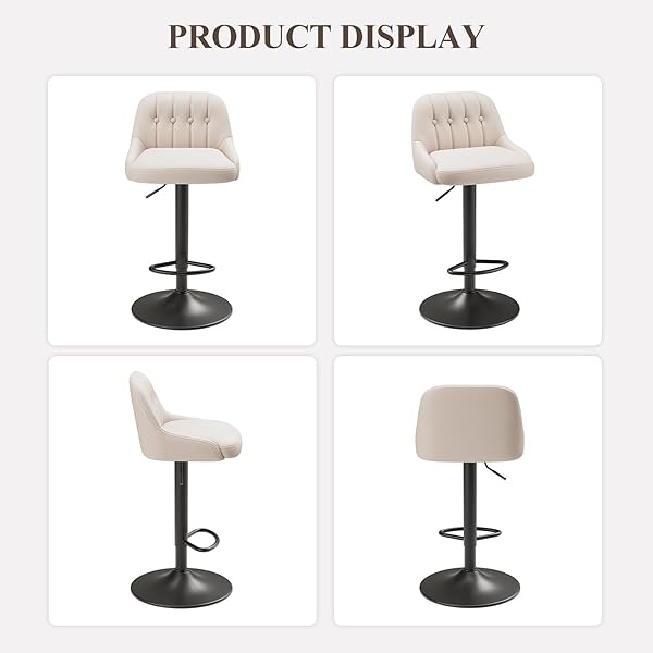 MALOL BAR STOOLS SET OF 3, SWIVEL BAR CHAIRS, MODERN ADJUSTABLE PU LEATHER UPHOLSTERED BARSTOOLS COUNTER HEIGHT WITH TUFTED BACK FOR BAR, KITCHEN COUNTER ISLAND, DINING ROOM, BEIGE
