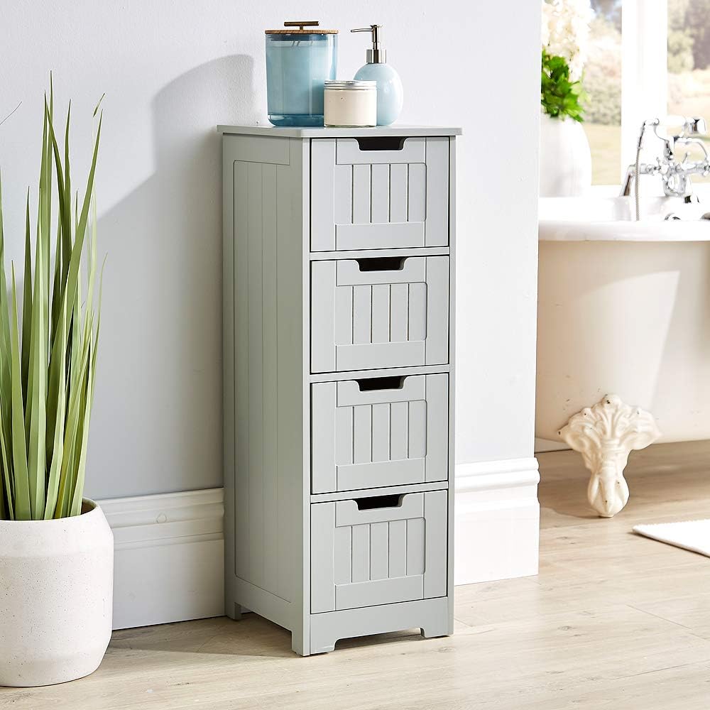 Home Source Bathroom Storage Cupboard Grey 4 Drawer Chest Wooden Floor Bath Cabinet Colonial