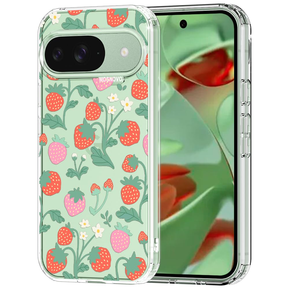 MOSNOVO Case for Google Pixel 9 & Pixel 9 Pro, [Buffertech 6.6ft Military-Grade Drop Protection] [Anti Peel Off Tech] Clear TPU Bumper Phone Case Cover Design - Strawberry Garden