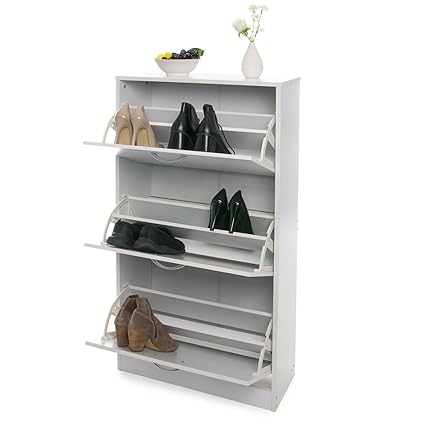 Home Treats White Wooden 3 Drawer Shoe Rack Pull Down Storage