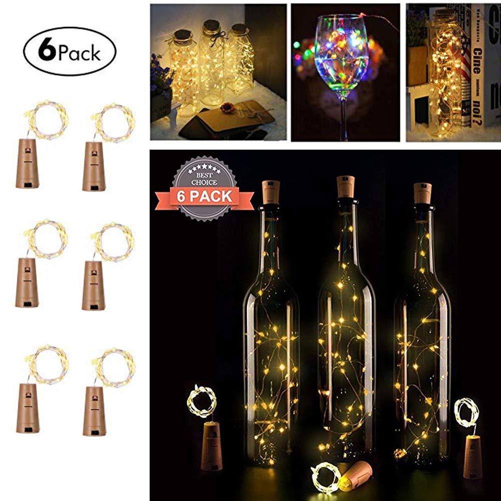 Bottle Lights, HTLY SPR 6 Packs Imitation Cork Copper Starry Wine Bottle Lights, Battery Powered Warm White Wire Bottle Lights for Bedroom, Parties, Wedding, Decoration(2m/7.2ft Warm White)