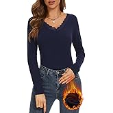 WOWENY Womens Long Sleeve Thermal Shirts V Neck Lace T Shirts Underwear Tops Basic Fitted Tees