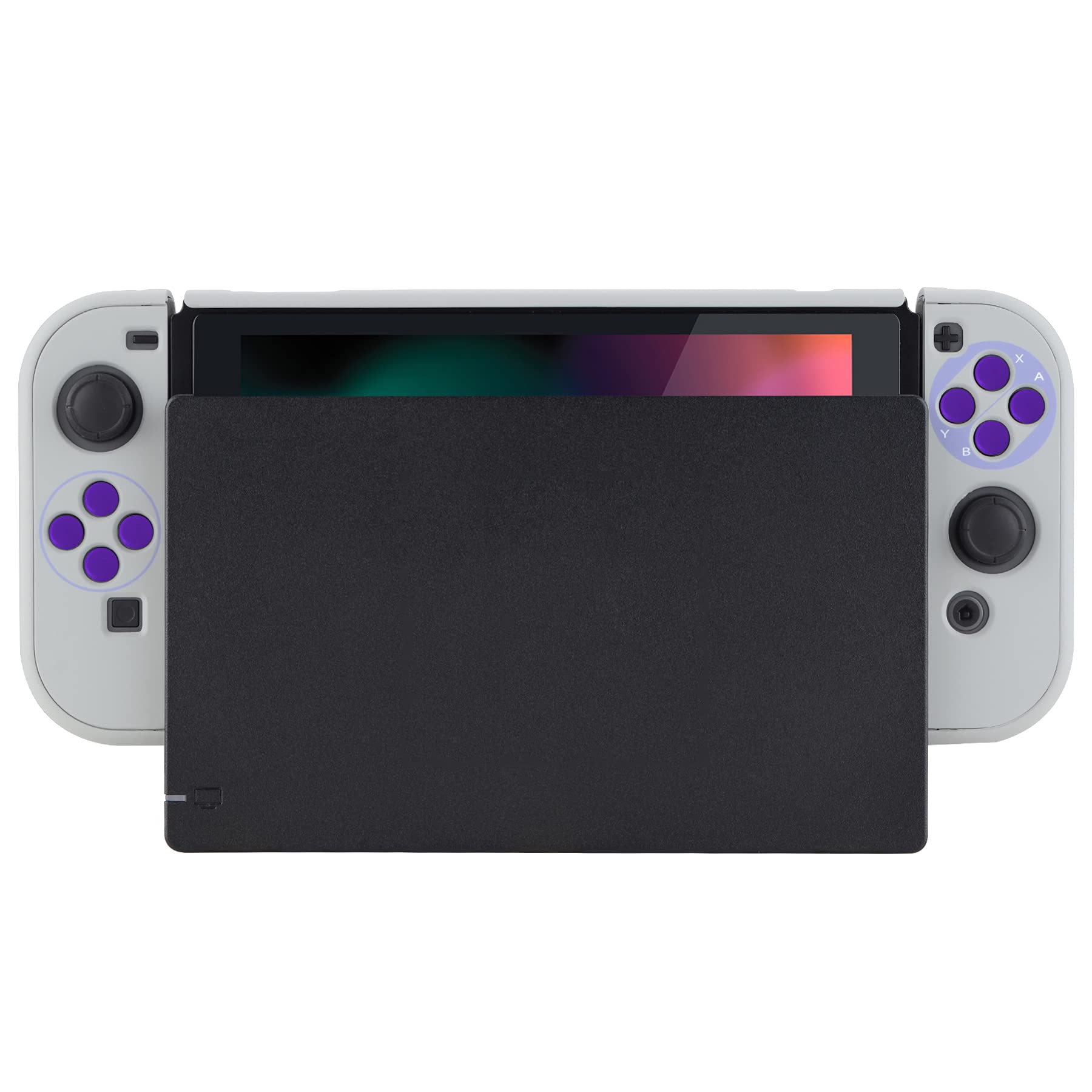 eXtremeRate PlayVital Back Cover for Nintendo Switch Console, NS Joycon Handheld Controller Protector Hard Shell, Dockable Protective Case with Purple ABXY Direction Button Caps - Classics SNES Style