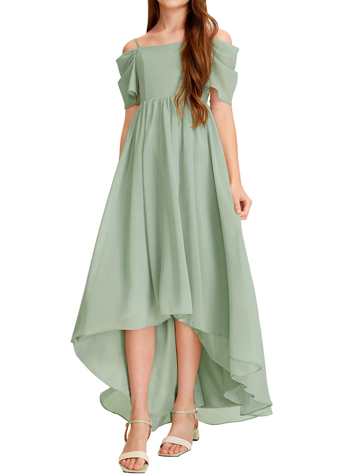 Haloumoning Girls Cold Shoulder Dress A-line Asymmetrical Chiffon Junior Bridesmaid Birthday Party Dress