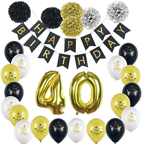 Happy 40th Birthday Party Decorations-Black,White,Silver and Gold-Complete Party Supply Set- Includes Happy Birthday Banner, 40inch Foil Balloons, 18 Latex Ballons and 6 Pom Poms