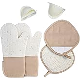 6-Piece Set Silicone Oven Mitts Cooking BBQ Gloves Non-Slip Heat Resistant Soft Cotton Lining Washable Baking Gloves Beige
