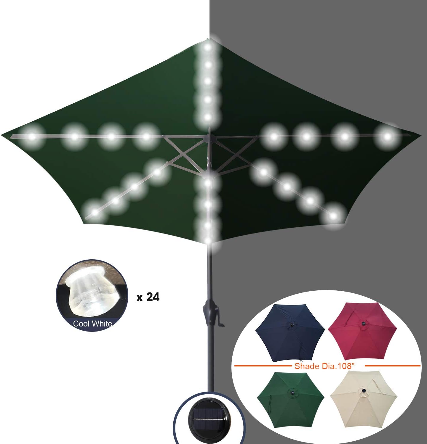 Casualstay Patio Umbrella 9ft Solar Outdoor Umbrella with Stripe 24 LED Lights - Crank & Tilt Function for Garden, Lawn Backyard & Pool Use(Green)