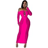 KIZOIEJE Stunning Hollow Out Long Sleeve Bodycon Maxi Dress for Women, Sexy Elegant Mesh Sheer Party Dress for Club