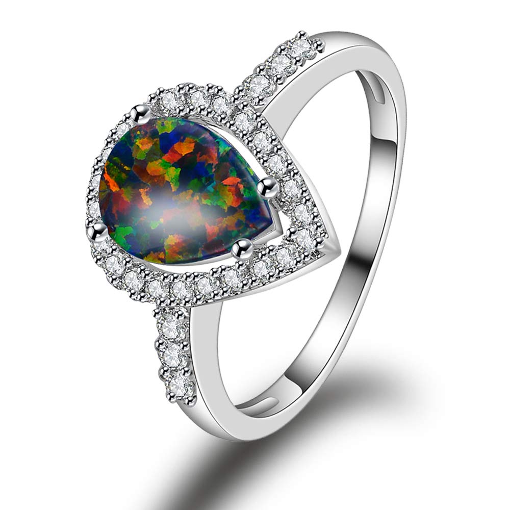 Dnswez Teardrop CZ Cubic Zirconia Green Fire Opal Ring Silver Statement Band Ring(8)