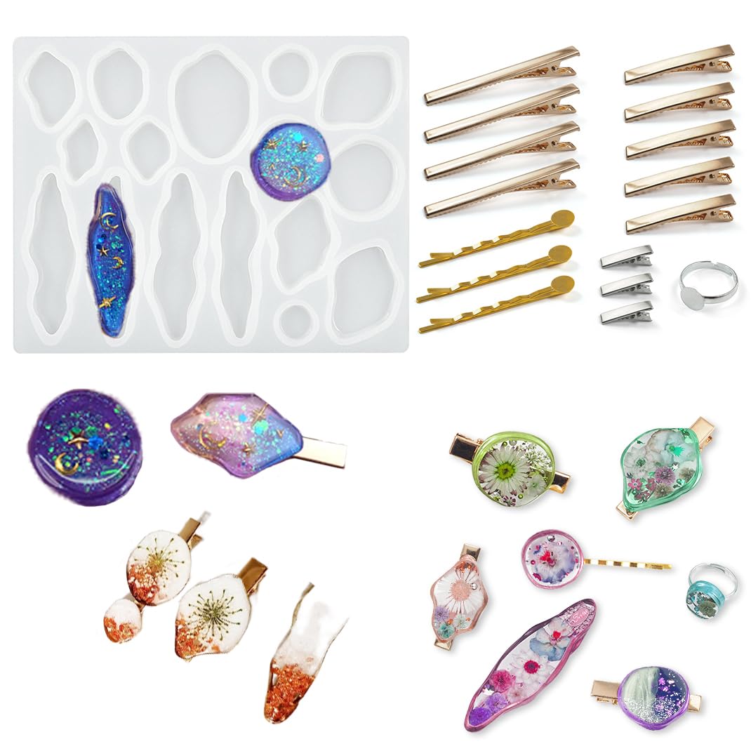 DIYBravo Silicone Resin Hair Clips Mould with 16 Accessories, Resin Stone Pendulum Earring Barrettes Moulds UV Epoxy Mould for DIY Hair Pin Jewelry Quartz Gemstone