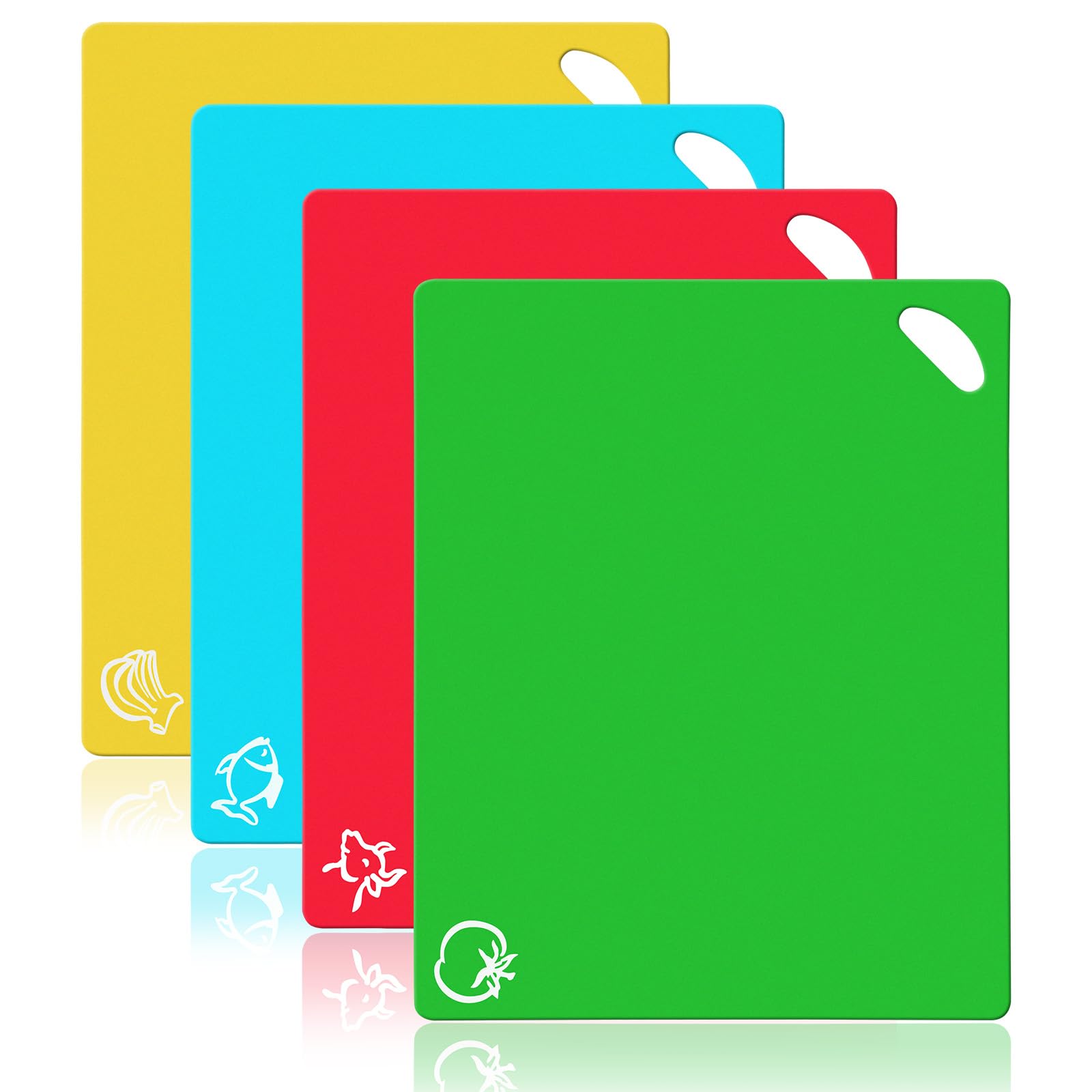 Vicloon Plastic Chopping Board Set, 4Pcs Flexible Kitchen Plastic Cutting Board Mats with Food Icons, Non Slip Antimicrobial Easy Hanging Boards, Dishwasher Safety