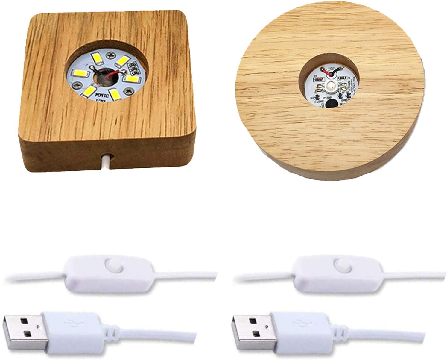 CDIYTOOL 2 Pack Wooden LED Lights Display Base with USB switch, Night Lighted Base Stand, Crafts for 3D Crystal Ball Jewelry Glass Resin Art Vase Acrylic (Warm Light Square + Colorful Lighted Round)