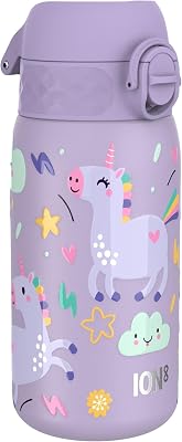 Botella Agua Inox Ligero para Niños, 400ml, Sin Aislamiento, a Prueba de Fugas, Fácil de Abrir, Cerradura Segura, Apta para Lavavajillas, Tapa Abatible, Fácil de Limpiar, Unicornios, Púrpura