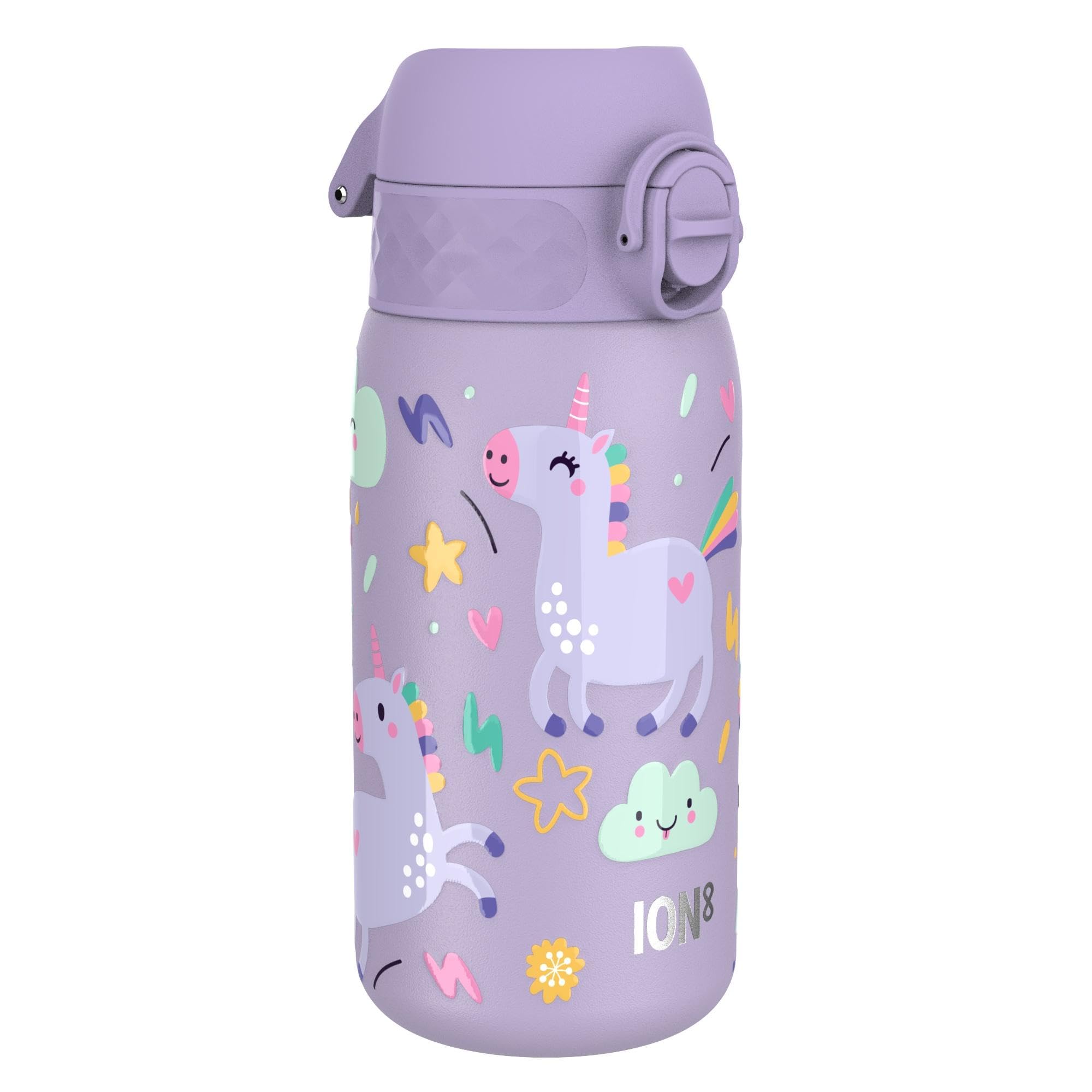 ION8 Kids Water Bottle, Lightweight Steel, 400 ml/13 oz, Leak Proof, Non-Insulated, Easy to Open,Secure Lock, Dishwasher Safe, Flip Cover, Carry Handle, Easy Clean, Metal Water Bottle, Purple Unicorns