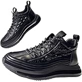 Men's Cowhide Animal Print Sneakers Air Cushion Elastic High-Top Soft Leather Height Lifting Non-Slip Lace Up Casual Shoes