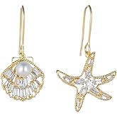 Starfish Shell Earrings for Women Girls Dainty Handmade 14K Gold Plated Sparkling Crystal Sea Starfish Shell With Natural Freshwater Pearl Dangle Drop Beach Earrings Asymmetric Jewelry Gifts