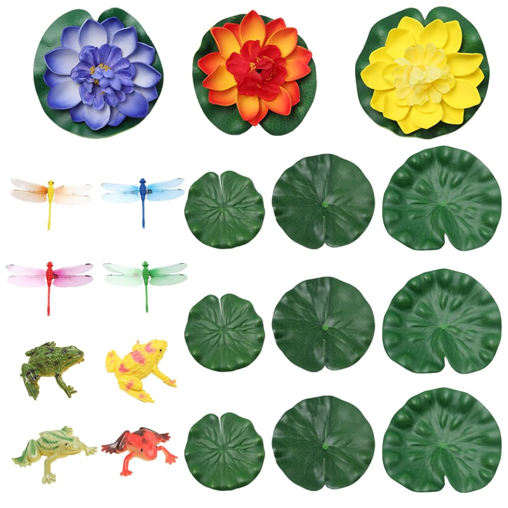 Sixfolo 20 Pcs Artificial Floating Water Lilies,Artificial Lotus Foam Flower Fake Water Lilies with Plastic Dragonfly Frog Lily Pads for Pond Pool Aquarium Water Decor(10cm,14.5cm,17cm)