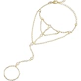 CZ Diamond Finger Ring Bracelet Hand Chain for Women, 14K Gold Plated Slave Bracelets