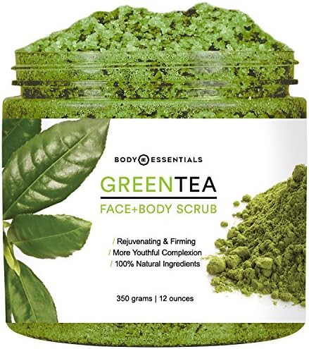 Body Essentials Green Tea Scrub - Antioxidant Rich - Anti Aging - Younger and Healthier Skin - Dead Sea Salt - Essential Oils - Vitamin E - 100% Natural Ingredients - Paraben/Sulfate Free